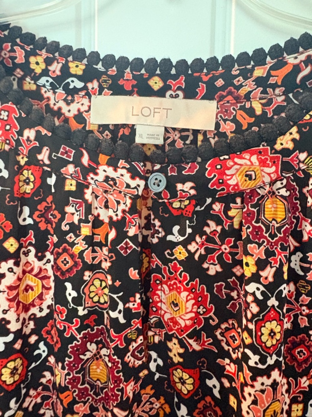 LOFT boho style Black Floral Paisley Button-Front Top with Red & Yellow Motifs